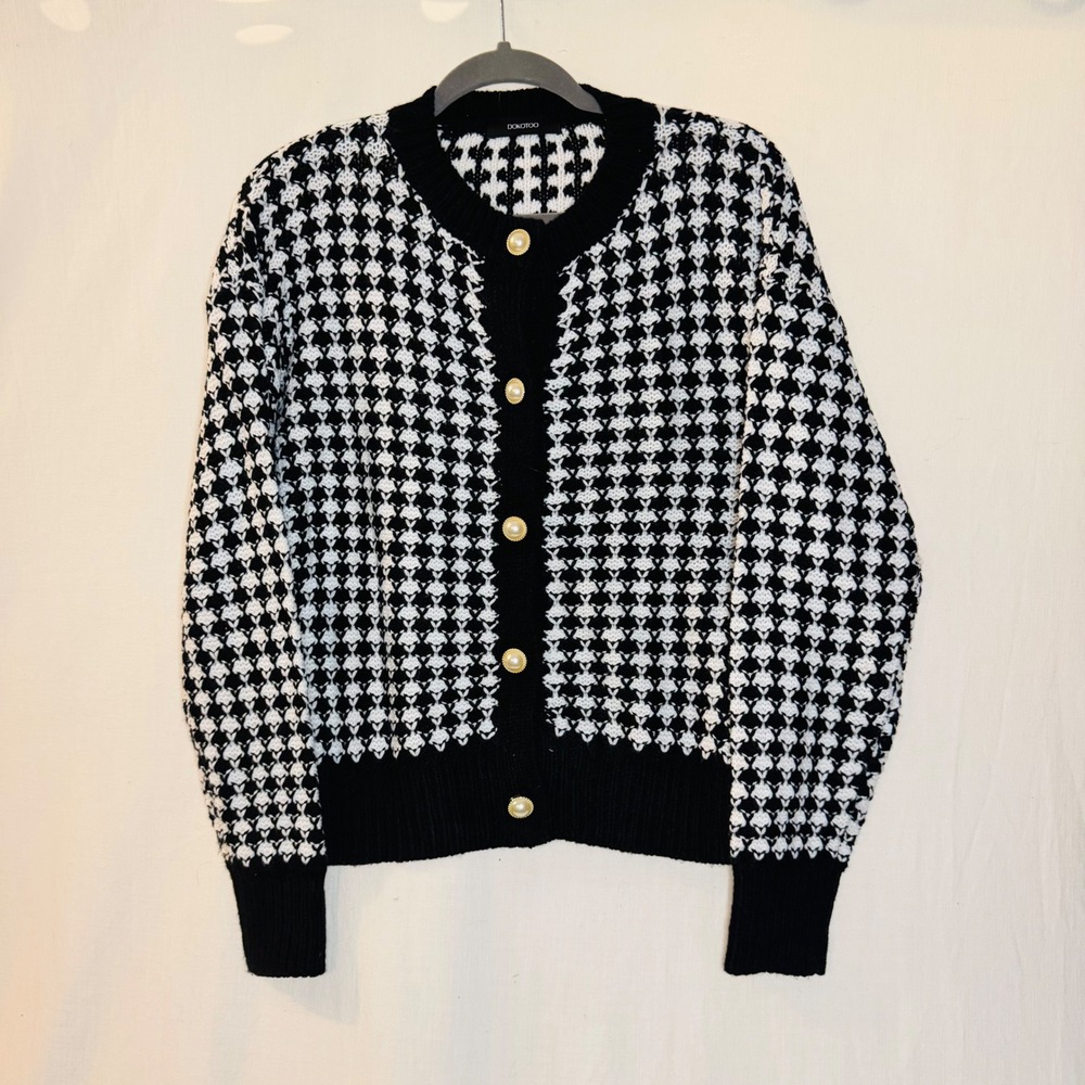 Dokotoo Womens Black White Houndstooth Knit Cardigan Faux Pearl Button Sweater M